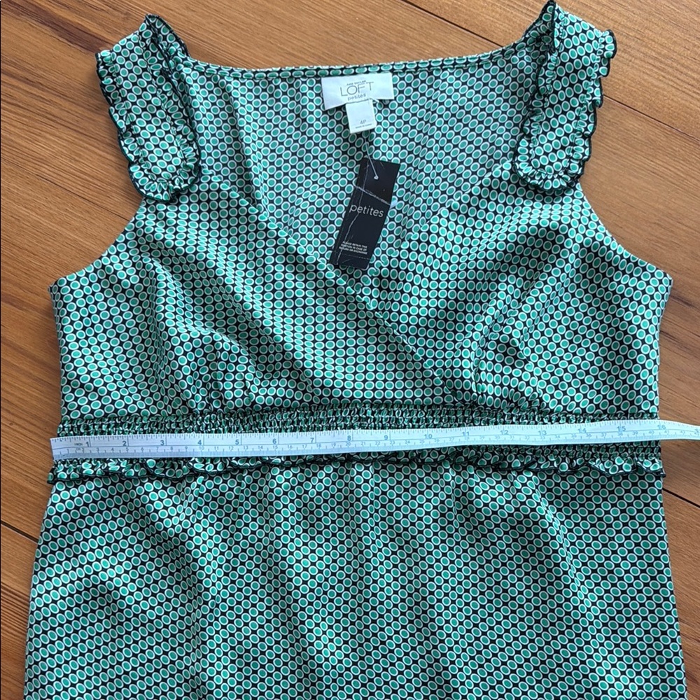 LOFT Petite 4P Green Polka Dot Ruffle Sleeveless Babydoll Top NWT